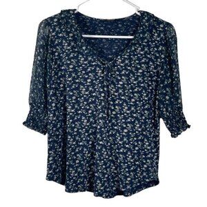 Women's Lucky Brand Mixed Media Printed Flutter Top Blouse Size XS EUC #2327
